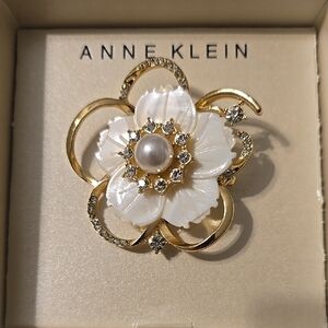 Anne Klein Goldtone and White Flower Rhinestone Brooch NWT